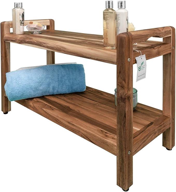 EcoDecors Eleganto 34 Inch Natural Color Waterproof Teak Wood Shower Bench Stool Seat Chair For Inside Shower Provides Safety, Storage, and Organization For Bathroom Accessories - ModernBath