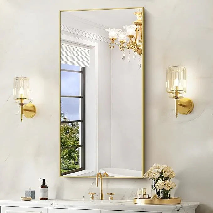 COFENY 48x24In Gold Bathroom Mirror for Wall, Brushed Gold Rectangle Mirrors with Metal Frame, Bathroom Rectangular Mirror Modern Wall Mirror for Bedroom Living Room, Hangs Horizontal or Vertical - ModernBath