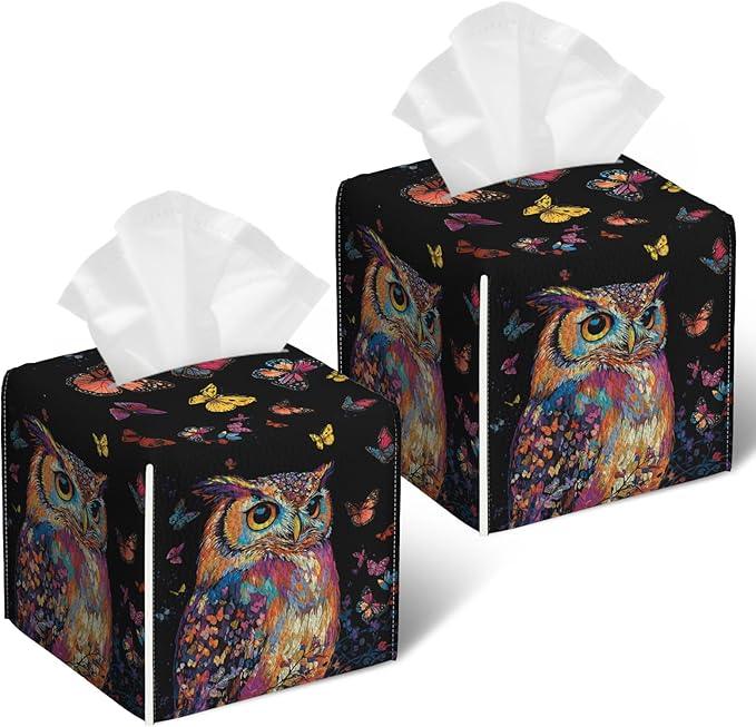 Coloful Owl Butterfly Tissue Box Cover 2PCS, Leather Tissue Box Holder Square Facial Paper Case Tissue Box Cube Organizer for Bathroom Bedroom Desk Office - ModernBath