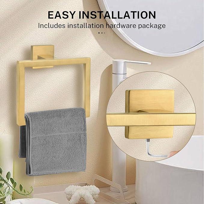 Brushed Gold Towel Ring,Square Hand Towel Holder,Towel Hanger, Bathroom Hardware Accessories,Stainless Steel Wall-Mounted Towel Rack - ModernBath