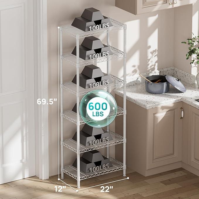 SINGAYE 6 Tier Shelf Adjustable Storage Wire Shelving Unit Metal Shelves Standing Closet Bathroom Organizers Pantry Kitchen Garage Laundry Room Organization Home Rack 12" D X 22" W X 69.5" H White - ModernBath