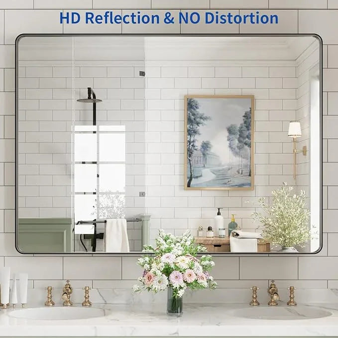 WEER Black Bathroom Mirror for Wall, 50X36 Inch Matte Black Mirror, Rectangular Black Metal Framed Vanity Mirror with Tempered Glass, Rounded Corner, Anti-Rust (Horizontal/Vertical) - ModernBath