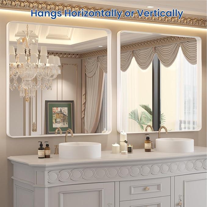 WEER White Bathroom Mirror 36X36 Inch, Rounded Rectangle White Metal Frame Mirror, Matte White Bathroom Vanity Mirror with Tempered Glass, Anti-Rust, Hangs Horizontally or Vertically - ModernBath