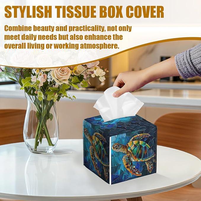 Glass Sea Turtle Tissue Box Cover 2PCS, Leather Tissue Box Holder Square Facial Paper Case Tissue Box Cube Organizer for Bathroom Bedroom Desk Office - ModernBath