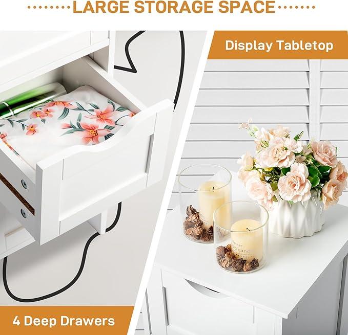 Bonnlo Skinny Bathroom Floor Storage Cabinet,White 12 Inch Wide Deep Small Storage Organizer with 4 Drawers, Wooden Modern Thin Free Standing Tower Cabinet w/ 4 Cute Drawers for Bathroom, Living Room - ModernBath