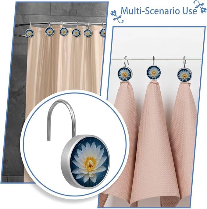 White Lotus Flower Floral Shower Curtain Hooks 12Pcs, Decorative Rust Resistant Shower Rings for Shower Curtain Rods, Stainless Steel Round Curtain Hooks for Bathroom, Bedroom, Farmhouse - ModernBath