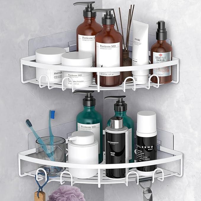 Corner Shower Caddy, 2 Pack Adhesive Bathroom Shower Corner Organizer Shelf, No Drilling Rustproof Wall Mounted Shower Storage Rack Shampoo Holder Organizer (White) - ModernBath