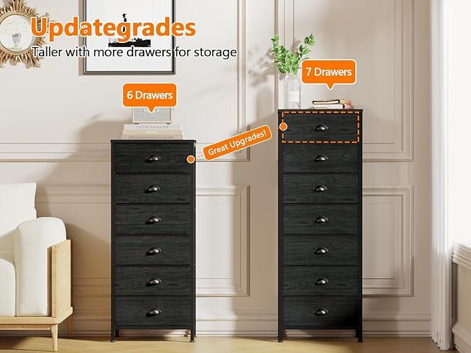 Furnulem Bedroom Dresser, Tall Chests of Drawers with 7 Fabric Bins, Black Organizer in Closet, Dorm, Living Room, Nursery, Hallyway-Storage Tower Unit, Sturdy Steel Frame - ModernBath