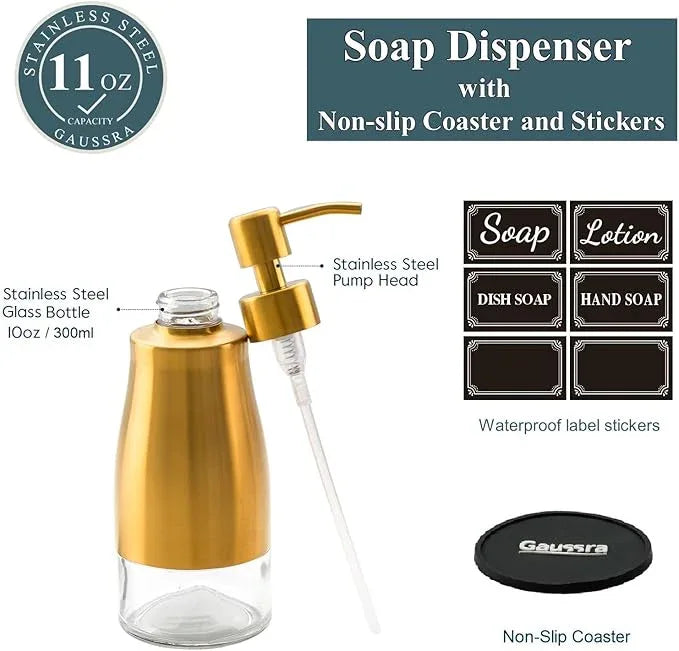 Gaussra Soap Dispenser with Coaster and Stickers, Brushed Gold Stainless Steel Glass Hand Pump Dispenser, Anti Rust Bottle, for Kitchen & Bathroom Detergent Bottle，Refillable Hand Liquid Dispenser - ModernBath