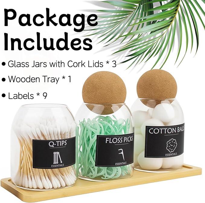 3PCS Qtip Holder for Bathroom Set, 17oz Glass Apothecary Jars with Cork Lids and Tray, Cotton Ball and Swab Holder, Bathroom Containers Organizers and Storage with 9 Labels - ModernBath