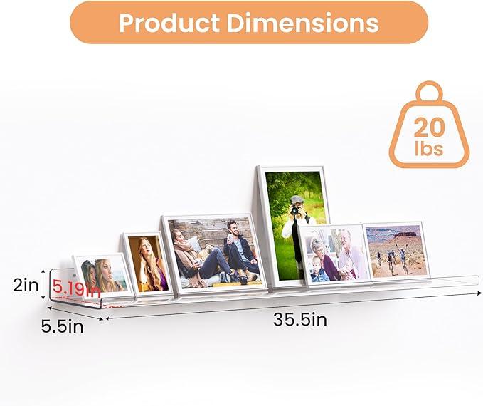 upsimples 2 Pack 35.5x5.5 Inches Acrylic Shelves for Wall Storage, Floating Bookshelves for Kids, Display Shelf Organizer for Bathroom, Bedroom, Living Room, Kitchen, Clear - ModernBath
