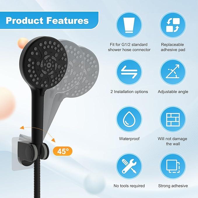 Hibbent 2 Pack Shower Head Holder - Strong Adhesive Wall Mount, Height Adjustable, No Drilling - Matte Black - ModernBath
