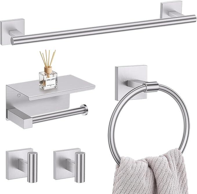 5-Piece Brushed Nickel Bathroom Hardware Set, SUS304 Stainless Steel Bathroom Accessories Set 23.6 inches Towel Bar, Toilet Paper Holder with Shelf, Towel Ring and Two Towel Hooks Wall-Mounted - ModernBath