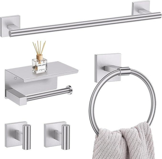 5-Piece Brushed Nickel Bathroom Hardware Set, SUS304 Stainless Steel Bathroom Accessories Set 23.6 inches Towel Bar, Toilet Paper Holder with Shelf, Towel Ring and Two Towel Hooks Wall-Mounted - ModernBath