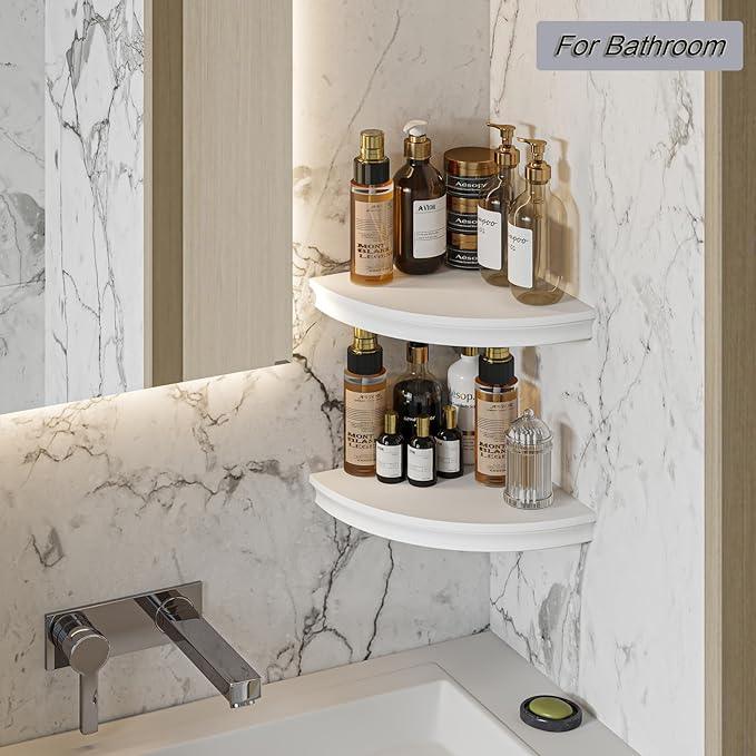 HAO Floating Corner Shelf Invisible Wall Mounted Shelves Radial Shape Cable Wire Hole Pattern Perfect for Bedroom Bathroom Living Room Kitchen Set of 2 White - ModernBath