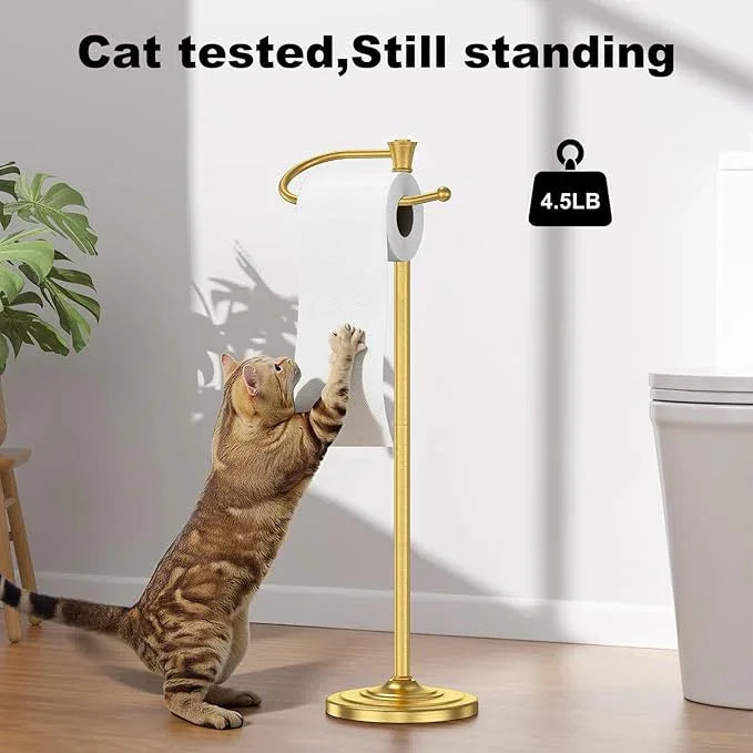 Toilet Paper Holder Free Standing, 25” H Stainless Steel Brass Gold Toilet Paper Stand, Weighted Base Floor Tissue Roll Holder for Bathroom,Toilet Roll Stand - ModernBath