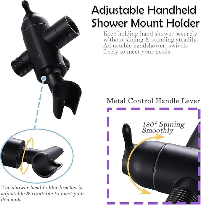 Shower Arm Diverter with Handshower Mount, G1/2 Brass 3 Way Shower Diverter Valve Bathroom Universal Shower System Replacement for Handheld Shower and Fixed Shower Head(Matte Black) - ModernBath