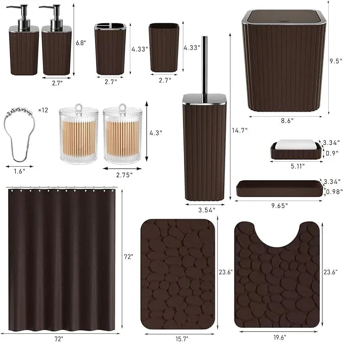 XLHOMO Bathroom Accessories Set - 25PC Bathroom Sets with Shower Curtain and Rugs, Brown Bathroom Accessories, Bathroom Accessory Set, Brown Shower Curtain Set, Trash Can & Soap Dispenser - ModernBath