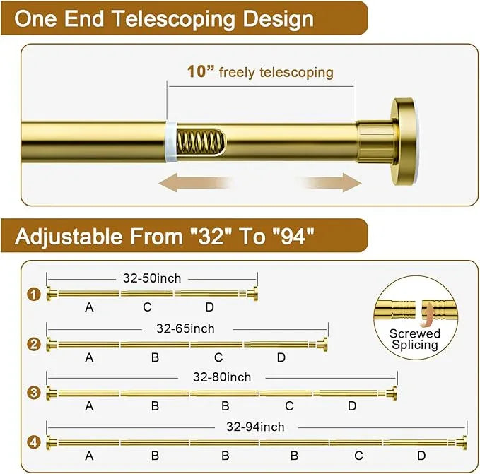 Ausemku Shower Curtain Rod 32-80 Inch Adjustable - 1 Inch Diameter Heavy Duty No drill Spring Tension Shower Rod, Non-Slip Rustproof Telescopic Rod for Bathroom, Gold - ModernBath