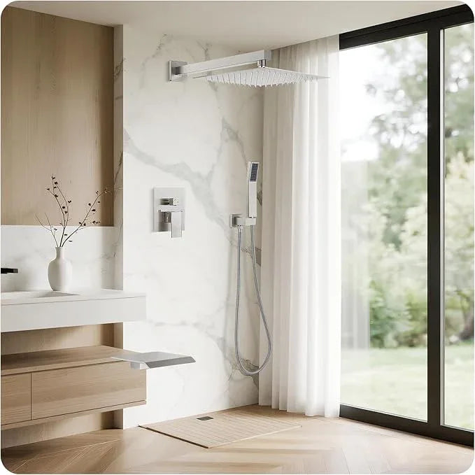 RNDIOZD Brushed Nickel Shower Faucet Set, 10 inch Rain Shower System w/Pressure Balance Valve, Wall Mounted 2-Functions Bathroom Shower Systems w/Rain Shower and Handheld Spray Shower Trim Included - ModernBath