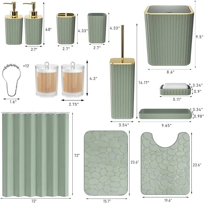XLHOMO Bathroom Accessories Set - 25PC Sage Green Bathroom Set, Bathroom Set with Shower Curtain and Rugs, Sage Green Shower Curtain Set, Bathroom Accessory Set, Trash Can & Soap Dispenser - ModernBath