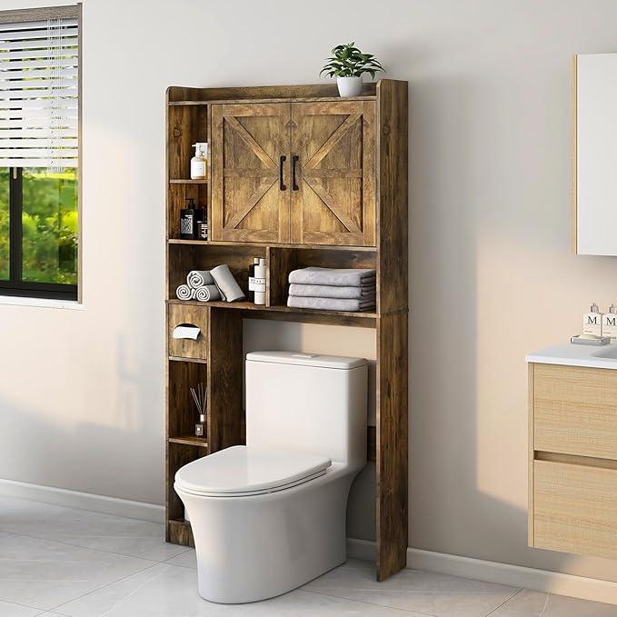 Vabches Over The Toilet Storage Cabinet, Farmhouse Storage Cabinet Over Toilet with 2 Barn Doors & Toilet Paper Holder Stand，Home Space-Saving Toilet Rack, for Bathroom, Restroom, Laundry. - ModernBath