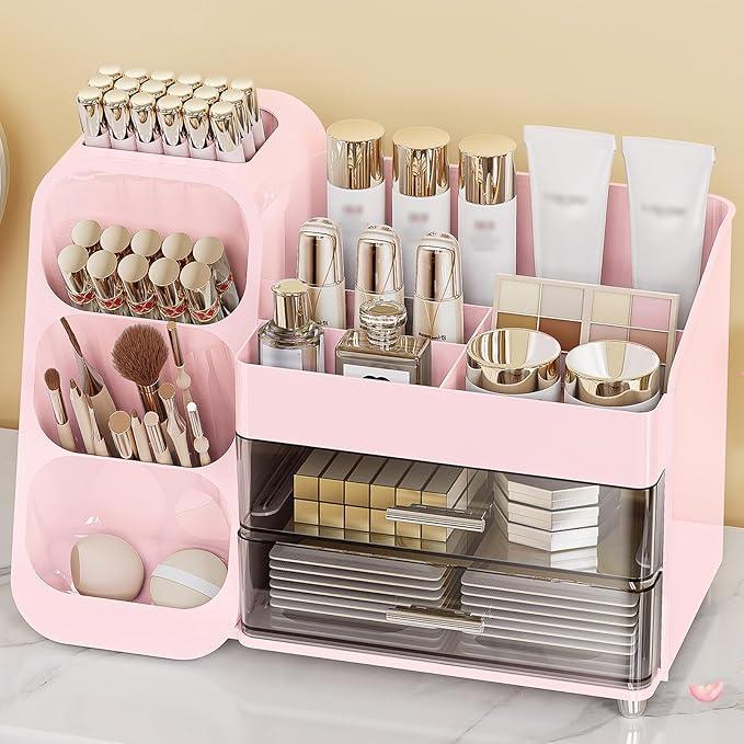 Anylady Makeup Organizer with Drawers, Skincare Organizer (Large Size Thick), Storage Box Cosmetic Display Cases, Make up Organizers for Vanity, Dresser, Desk, Kitchen, Countertop (Pink) - ModernBath