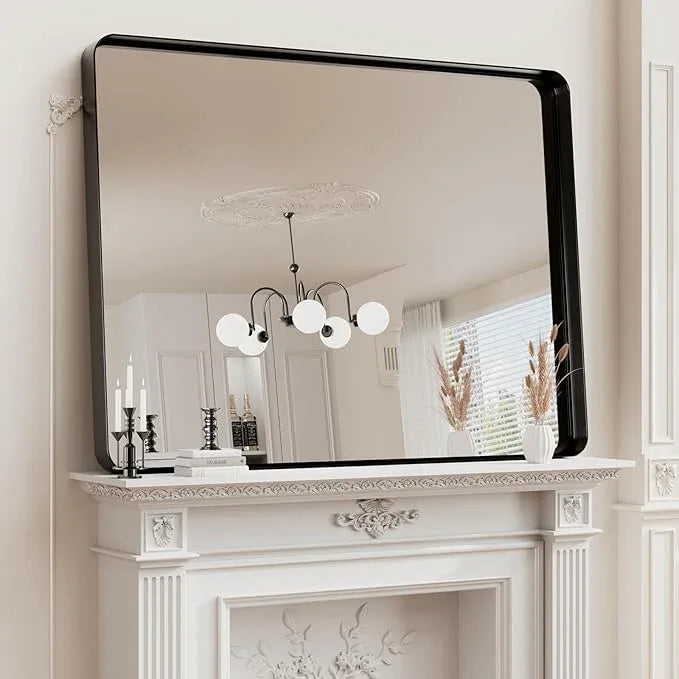 Koonmi Black Bathroom Mirror for Wall, 36x48 Inch Matte Metal Deep Framed Rounded Corner Wall Mirror, Shatterproof Tempered Glass for Farmhouse Bedroom Entryway, Vertically or Horizontally - ModernBath