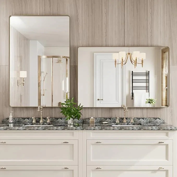 JISOSO Bronze Bathroom Mirror 48x32 Inch, Brushed Bronze Metal Frame Mirror for Wall, Rounded Rectangle Bathroom Vanity Mirror with Tempered Glass, Anti-Rust, Horizontal/Vertical - ModernBath