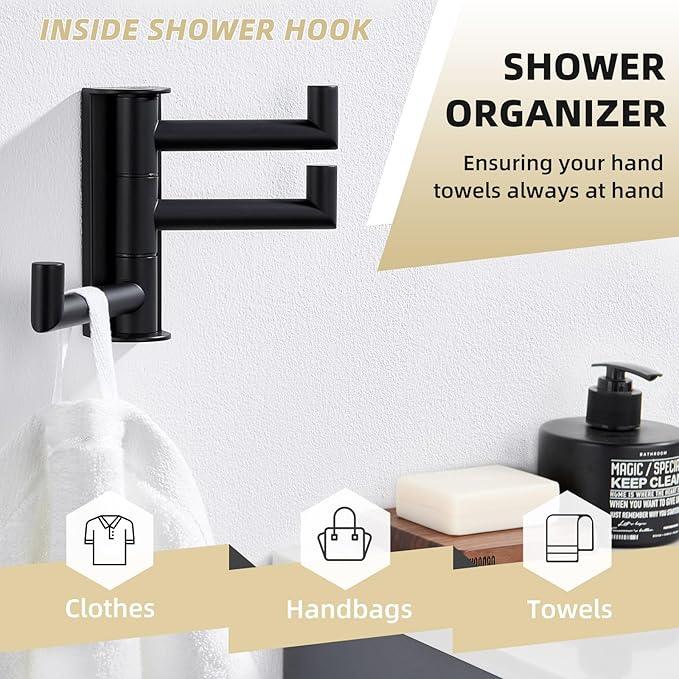 APLusee Swivel Towel Hook, 304 Stainless Steel Foldable Clothes Hook with Multi Three Rotating Arm, Flexible Bathroom Kitchen Storage Hanger Wall Mounted, Matte Black - ModernBath