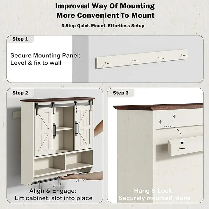 RUSTOWN Farmhouse Bathroom Wall Cabinet,3-Tier Rustic Wood Wall Mounted Cabinets,Vintage Medicine Cabinet with Sliding Barn Door and Adjustable Shelves,Over The Toilet Storage Cabinet (Vintage White) - ModernBath