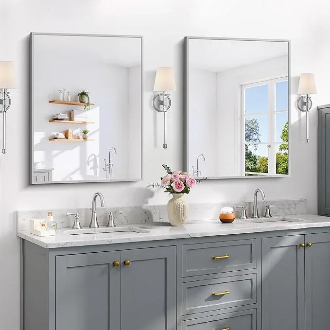 COFENY Silver Bathroom Mirror for Wall, 24x32 Inch Rectangle with Metal Frame, Modern Vanity for Bathroom Living Room, Entryway Hangs Horizontal or Vertical - ModernBath