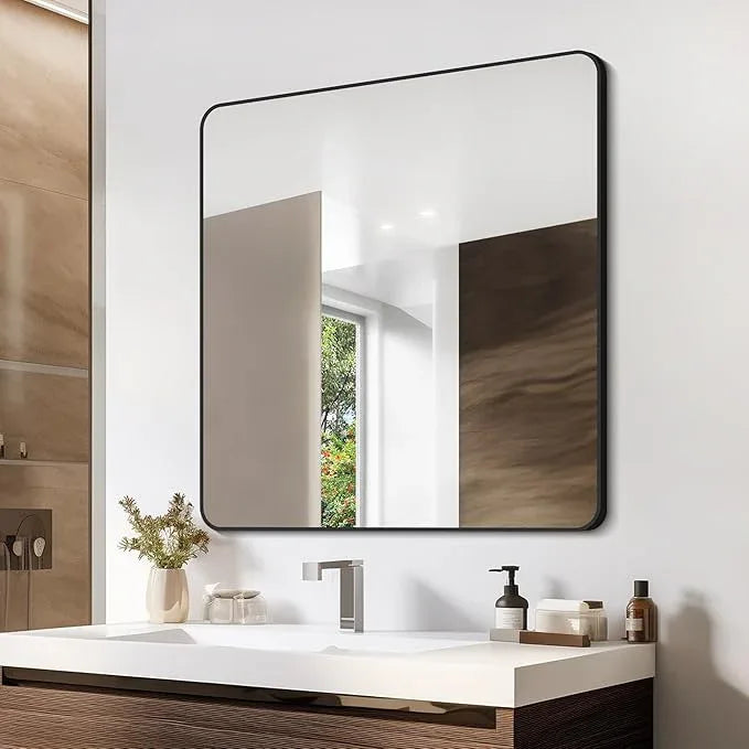 CIVENO Bathroom Mirror, 36"x36" Black Square Wall Mirror, Metal Frame Rounded Corner Vanity Mirror, Large Wall Mounted Mirror for Modern Bedroom Living Room Horizontal Or Vertical Mounting - ModernBath