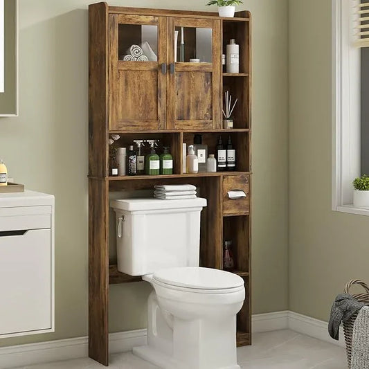 Vabches Over The Toilet Storage Cabinet, Bathroom Shelf Over Toilet with Glass Doors and Adjustable Shelves, Brown Freestanding Home Space Save Toilet Rack, for Restroom, Bathroom, Laundry - ModernBath