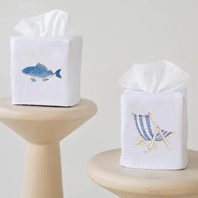 Jacaranda Living Square Tissue Box Cover, Linen/Cotton Fabric Tissue Holder, Decorative Cloth Tissue Cube Cover, Coastal Designs Deck Chair (Blue) - ModernBath