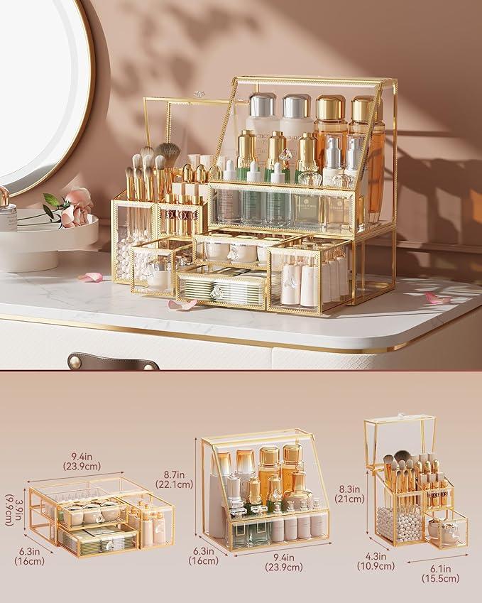 CoralHouse Clear Makeup Organizer with Gold Frame – Countertop Vanity Organizer for Skincare, Lipsticks, Perfume & Brushes – Bathroom Cosmetic Storage Display Box - ModernBath