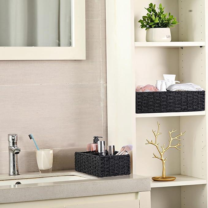 Vagusicc 2 Section Wicker Storage Basket, Black Wicker Baskets, Toilet Tank Basket, Small Baskets for Organizing Storage Shelves, 2-Pack - ModernBath
