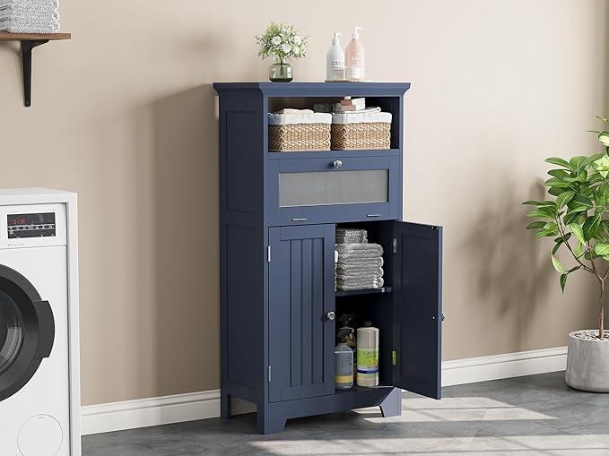 ChooChoo Bathroom Floor Storage Cabinet with Flip Glass Drawer, Freestanding with 2 Doors, Adjustable Shelf & 1 Open Storage for Living Room, Hallway, Navy Blue - ModernBath