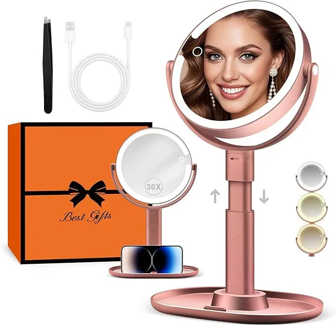 B Beauty Planet Makeup Mirror with Lights, Lighted Magnifying Mirror 30X with 3 Lighting and Adjustable Brightness, 2-Sided Height Adjustable Vanity Mirror for Bathroom, Gifts for Women Rose Gold - ModernBath