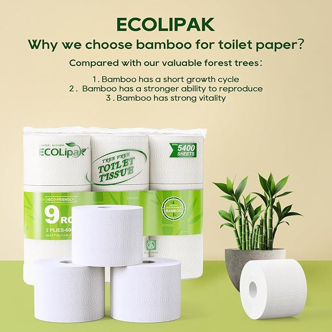 ECOLipak Bamboo Toilet Paper, Septic Safe Toilet Tissue, 9 Mega Rolls, 600 Sheets Per Roll, Tree Free, Non Toxic, 2 Ply, Soft and Absorbent, Eco Friendly Dye-Free Paper - ModernBath