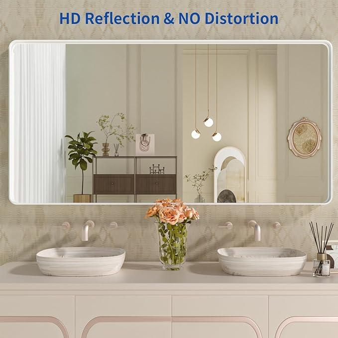 WEER White Bathroom Mirror 60X28 Inch, Rounded Rectangle White Metal Frame Mirror, Matte White Bathroom Vanity Mirror with Tempered Glass, Anti-Rust, Hangs Horizontally or Vertically - ModernBath