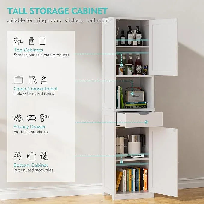 Vongrasig Tall Bathroom Storage Cabinet, 64”H Narrow Storage Unit for Small Spaces, Freestanding Modern Cabinet with Adjustable Shelves for Bathroom, Living Room, Kitchen, White - ModernBath