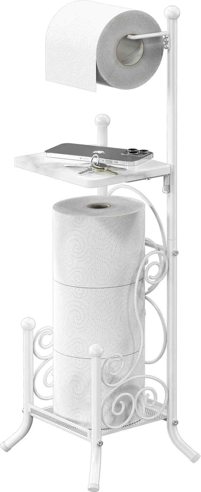 Simple Houseware English Style Bathroom Toilet Tissue Roll Holder Stand with Shelf, White - ModernBath
