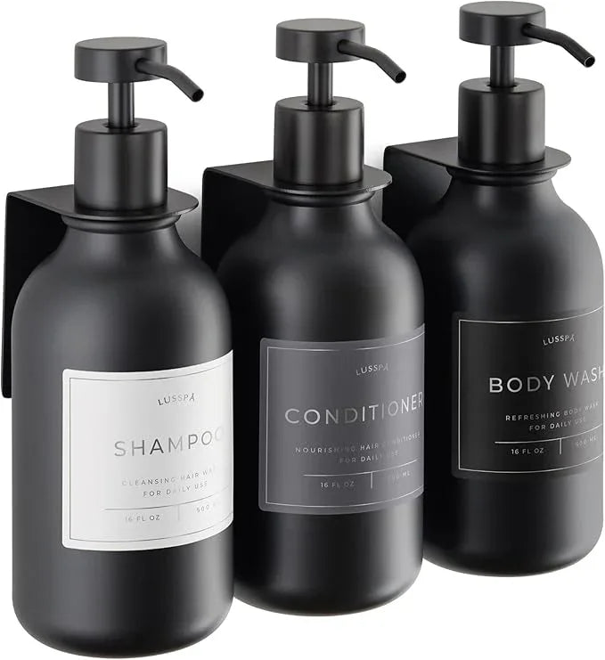Shampoo & Conditioner Dispenser - Shower Soap Dispenser Wall Mounted - Set of 3 16.9 Oz Plastic Bottles with Pump & Holder - Shampoo Dispenser - Shower Dispenser Chamber No Drill (3 X Black) - ModernBath