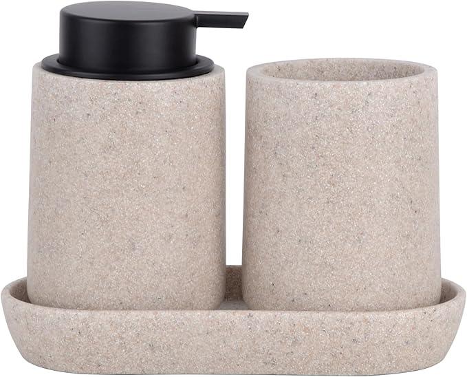 Clasin Home Beige Bathroom Accessories Set, 3 Pcs Resin Bathroom Accessories Complete Set, Sandstone Look Soap Dispenser with Large Pump, Toothbrush Cup, Soap Dish for Modern Home Decor and Kitchen - ModernBath