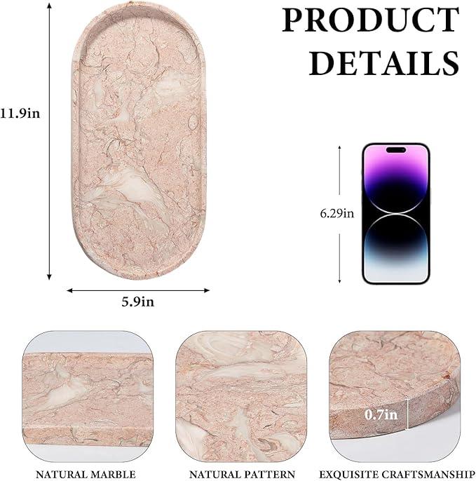 Koville Pink Marble Tray for Bathroom Countertop, Vanity Tray Stone Trays for Decor, Natural Marble Decorative Tray for Dresser Organizer, Storage Trays for Perfume, Jewelry, Cosmetics(Coquille Pink) - ModernBath