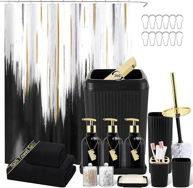 WSBArt 32PCS Bathroom Accessory Set Black Bathroom Accessories Bathroom Set, Shower Curtain Set, 2 Piece Bath Towel Set, 3PC Soap Dispenser, Toilet Brush & Trash Can - ModernBath