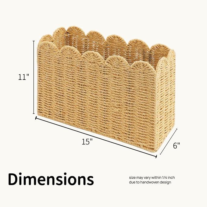 Handwoven Khaki Paper Rope Magazine Holder with Scalloped Edge –Toilet Paper Storage Basket Decorative Storage Basket for Magazines, Newspapers, Mail, Living Room, Bathroom & Office - ModernBath