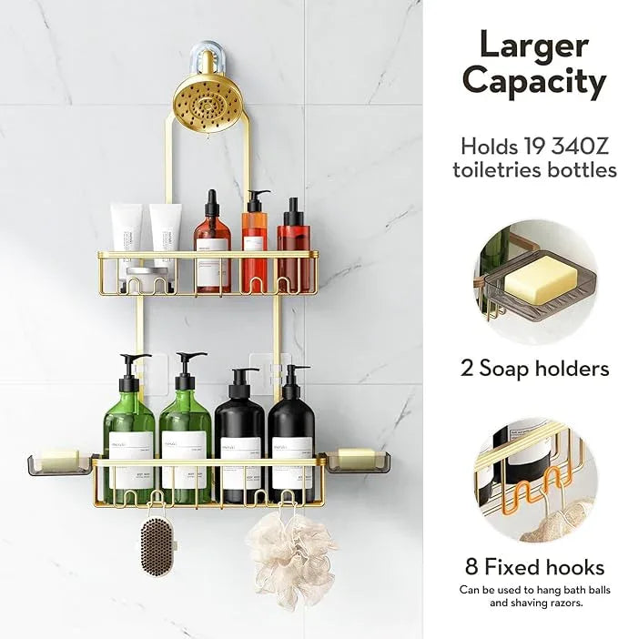 VALORDINE Shower Caddy Hanging, Shower Organizer Hanging, Aluminum Shower Racks for Inside Shower with Hooks for Razor, Never Rust Bathroom Organizers and Storage with Soap Holder, Gold - ModernBath