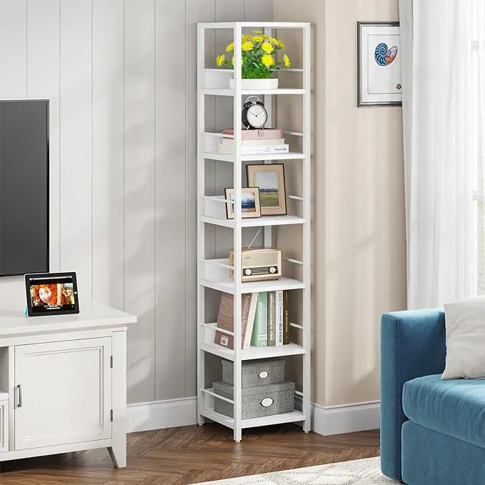 Tribesigns 6-Tier Corner Shelf, 75 Inch Tall Narrow Bookshelf Storage Rack, Etagere Shelves Display Stand for Small Spaces, Rustic Open Bookcase Square Shelf Tower for Living Room Bathroom - ModernBath